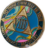 1 - 40 Year AA Medallion Elegant Tahiti Teal Blue and Pink Marble Gold Sobriety Chip