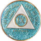 AA Medallion Aqua Blue Glitter Tri-Plate Sobriety Chip Year 1 - 45 - RecoveryChip