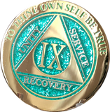1 - 10 Year AA Medallion Elegant Glitter Aqua Turquoise Gold & Silver Plated Sobriety Chip - RecoveryChip
