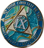 9 Year AA Medallion Elegant Caribbean Aqua Glitter Teal Marble Gold Sobriety Chip