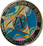 9 Year AA Medallion Elegant Tahiti Teal Blue and Pink Marble Gold Sobriety Chip