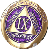 1 - 10 & 30 Year AA Medallion Elegant Glitter Purple Gold & Silver Plated Sobriety Chip - RecoveryChip