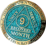 1 2 3 6 9 or 18 Month AA Medallion Reflex Aqua Glitter Gold Plated Sobriety Chip
