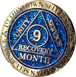 1 - 11 or 18 Month AA Medallion Reflex Blue Glitter Gold Plated Sobriety Chip - RecoveryChip