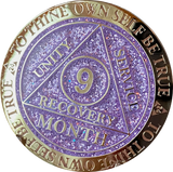 1 2 3 6 9 or 18 Month AA Medallion Reflex Purple Lavender Glitter Gold Plated Sobriety Chip