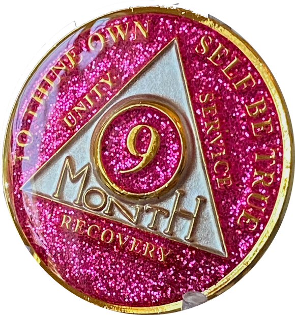 9 Month AA Medallion Hot Pink Glitter Gold Tri-Plate Sobriety Chip