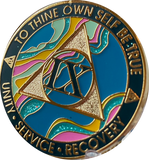 1 - 46 Year AA Medallion Elegant Tahiti Teal Blue and Pink Marble Gold Sobriety Chip