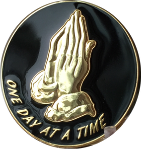 Praying Hands Black & Gold Plated One Day At A Time Medallion Sobriety Chip - RecoveryChip