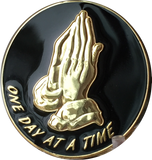 Praying Hands Black & Gold Plated One Day At A Time Medallion Sobriety Chip - RecoveryChip