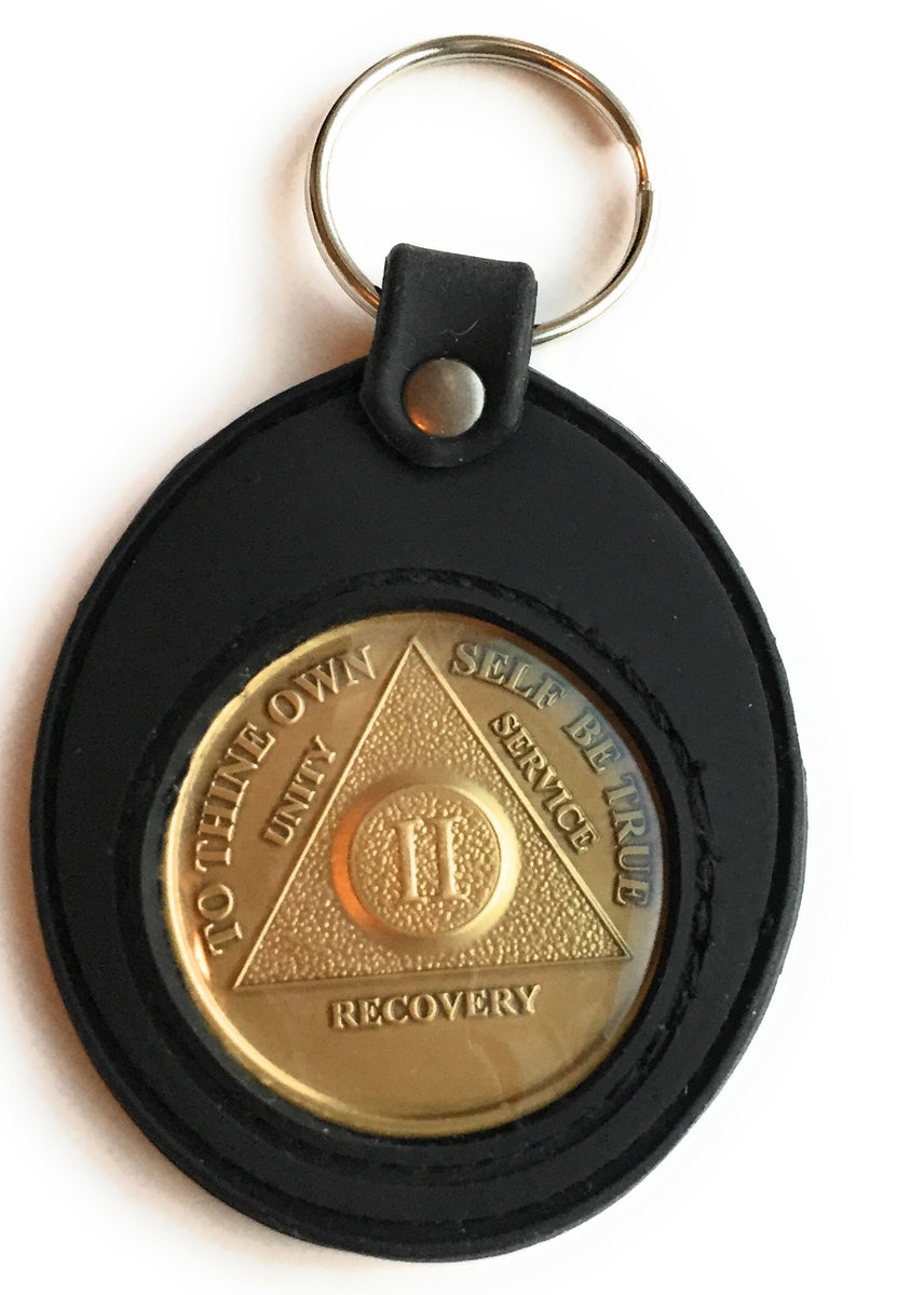 1 Year Sobriety Coin | Black AA Chip Recovery Anniversary Token with Black  Silicone Coin Holder Keychain
