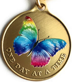 Color Rainbow Butterfly One Day At A Time Keychain Serenity Prayer Bronze - RecoveryChip