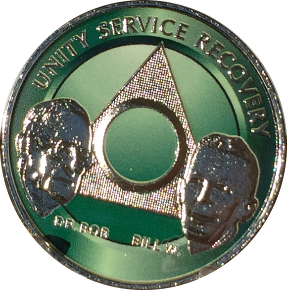 AA Founders Any Year 1 - 65 Medallion Green & Nickel Plated Chip Bill W Dr Bob - RecoveryChip