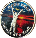 Drug Free One Day At A Time Medallion Person On Beach Sunrise Chip