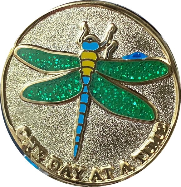Green Glitter Dragonfly One Day At A Time Medallion With Serenity Prayer