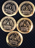 1 2 3 6 9 or 18 Month AA Medallion Elegant Black Gold and Silver Plated Sobriety Chip - RecoveryChip