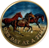 Brown Horses Galloping One Day At A Time Color Serenity Prayer Medallion Coin