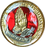 One Day At A Time Praying Hands Mandarin Red & Gold Plated Nickel Tri-Plated AA Alcoholics Anonymous Medallion Sobriety Chip Years 1 2 3 4 5 6 7 8 9 10 11 12 Year 1-12 BSP - RecoveryChip