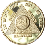 24 Hours AA Medallion 24k Gold Plated Alcoholics Anonymous Chip with Serenity Prayer - RecoveryChip