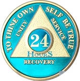 24 Hours AA Medallion Blue & 24k Gold Plated Alcoholics Anonymous Chip with Serenity Prayer - RecoveryChip