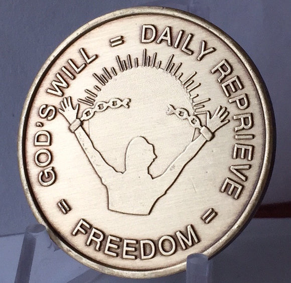 Bulk Lot 25 Units - God's Will = Daily Reprieve = Freedom - AA Alcoholics Anonymous Spiritual Condition Bronze Sobriety Medallion RecoveryChip Design - RecoveryChip
