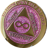 Infinity Eternal AA Medallion Elegant Pink Glitter Gold Sobriety Chip Coin