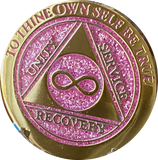 Infinity Eternal AA Medallion Elegant Pink Glitter Gold Sobriety Chip Coin