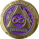Infinity Eternal AA Medallion Elegant Purple Glitter Gold Sobriety Chip Coin