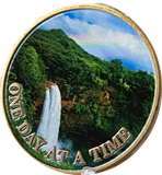 Rainbow Waterfall Hawaii Mountain One Day at A Time Medallion Serenity Prayer Chip…