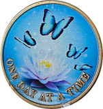 Butterflies Purple Lotus Flower One Day at A Time Medallion Serenity Prayer Chip
