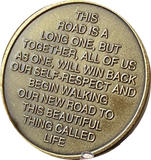 Never Alone Again Medallion Color Mountain Road Scene Sobriety Chip