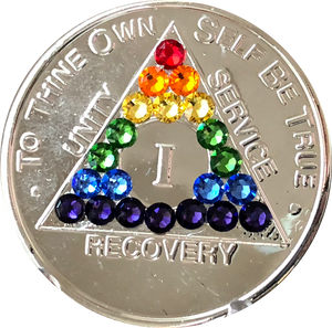 Rainbow Swarovski Crystal AA Medallion Nickel Plated Sobriety Chip Year 1 - 56 - RecoveryChip