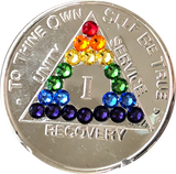 Rainbow Swarovski Crystal AA Medallion Nickel Plated Sobriety Chip Year 1 - 56 - RecoveryChip