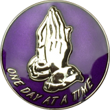 Purple Silver Plated Praying Hands One Day At A Time Serenity Prayer Medallion Chip RecoveryChip Design - RecoveryChip