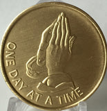 Praying Hands One Day At A Time Serenity Prayer Bronze Sobriety Medallion Chip Coin - RecoveryChip
