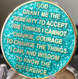 1 - 10 Year AA Medallion Elegant Glitter Aqua Turquoise Gold & Silver Plated Sobriety Chip - RecoveryChip