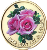 Pink Rose One Day At A Time Medallion Sobriety Chip AA NA - RecoveryChip
