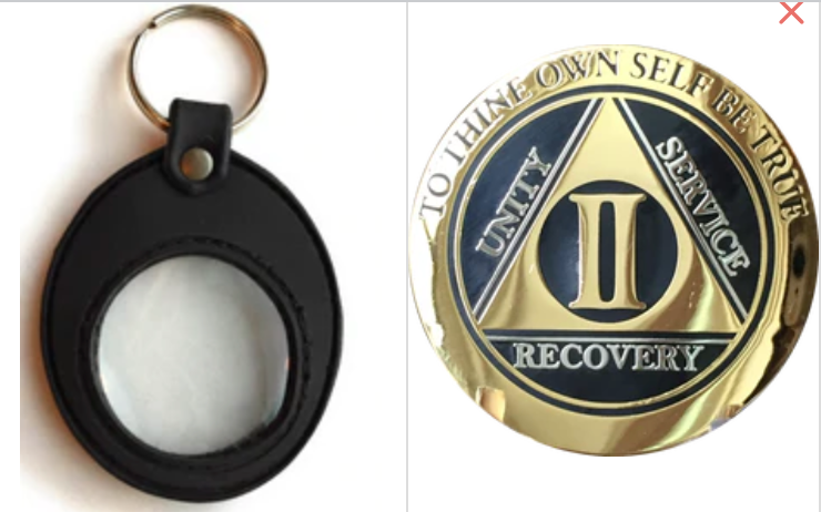 RecoveryChip 1 - 51 Year Elegant Black Gold AA Medallion & Silicone Keychain Holder 42 Year