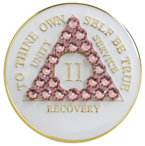 1 - 40 Year White AA Medallion Rose Swarovski Crystal Sobriety Chip