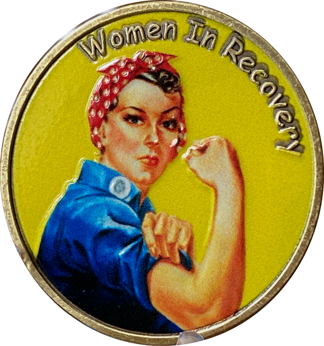 Women In Recovery Medallion Yellow Rosie Riveter Serenity Prayer Sobri