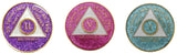 24 Hours AA Medallion Purple or Pink or Aqua Glitter Tri-Plate Sobriety Chip - RecoveryChip