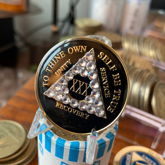 30 Year AA Medallion Black Diamond Like Clear Crystal Sobriety Chip