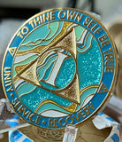 1 Year AA Medallion Elegant Caribbean Aqua Glitter Teal Marble Gold Sobriety Chip