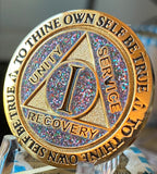 1 Year AA Medallion Reflex Funfetti Birthday Glitter Sobriety Chip
