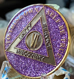 6 Year AA Medallion Purple Lavender Glitter Sobriety Chip