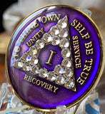 1 Year AA Medallion Purple Tri-Plate Clear Diamond Like Swarovski Crystal Sobriety Chip