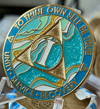1 Year AA Medallion Elegant Caribbean Aqua Glitter Teal Marble Gold Sobriety Chip