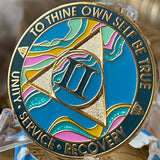 2 Year AA Medallion Elegant Tahiti Teal Blue and Pink Marble Gold Sobriety Chip