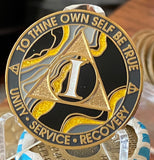 1 Year AA Medallion Elegant Black Goldrush Marble Gold Sobriety Chip