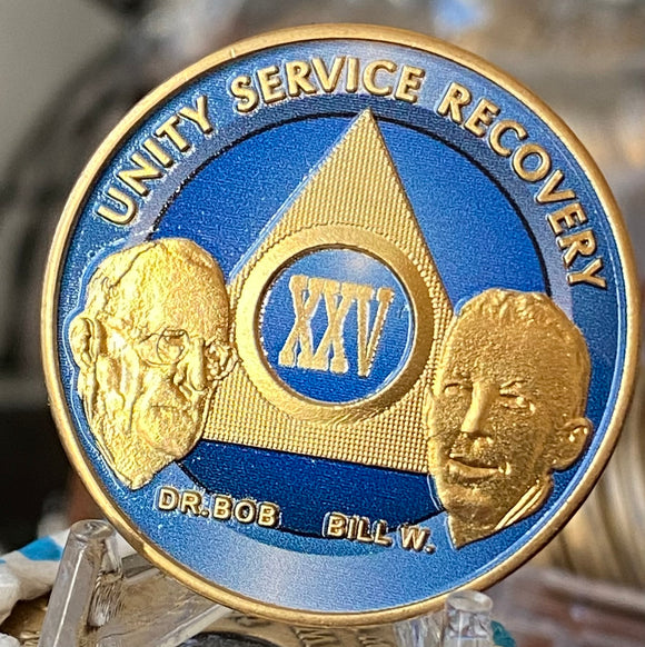 25 Year AA Founders Medallion Ocean Breeze Blue Gold Plated Sobriety w