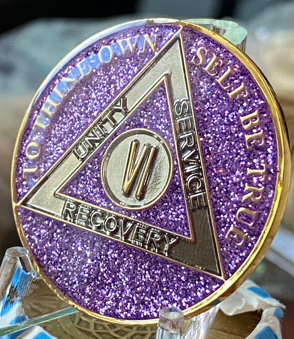 6 Year AA Medallion Purple Lavender Glitter Sobriety Chip